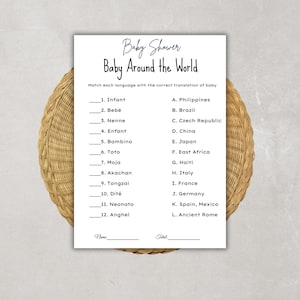K&ouml;nnte beinhalten: Eine wei&szlig;e Babyparty-Spielkarte mit dem Titel "Baby Around the World" mit L&uuml;ckentext-Fragen. Die Karte befindet sich auf einem gewebten, kreisf&ouml;rmigen Platzset. Das Spiel fragt nach der Zuordnung von Baby&uuml;bersetzungen zu L&auml;ndern.