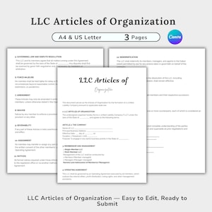 LLC Articles of Organization Template, Business Formation Document, LLC Startup Kit, Legal Registration Form, Small Business Setup Guide