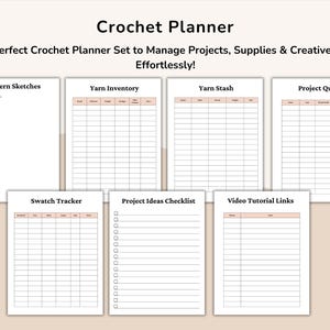May include: A crochet planner set with pages for pattern sketches, yarn inventory, yarn stash, project queue, swatch tracker, project ideas checklist, and video tutorial links. The title "Crochet Planner" is at the top.