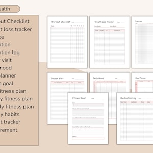 May include: A collection of printable health and fitness trackers, including a workout checklist, weight loss tracker, and meal planner. The pages are white with pink accents and are designed for personal health management.