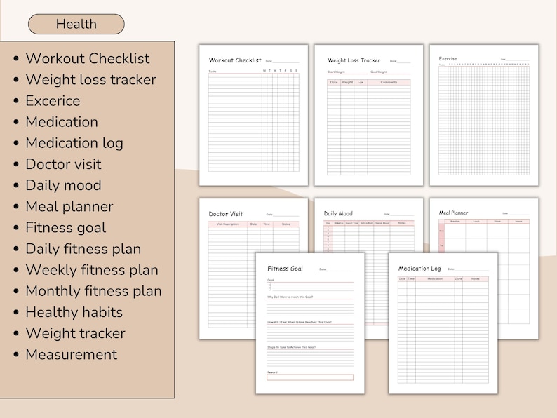 May include: A collection of printable health and fitness trackers, including a workout checklist, weight loss tracker, and meal planner. The pages are white with pink accents and are designed for personal health management.