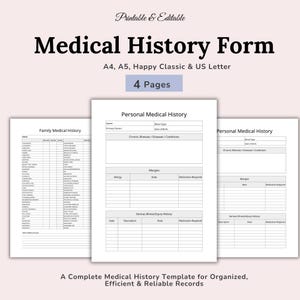 以下が含まれることがあります： 「Medical History Form」と題された、印刷可能で編集可能な病歴フォーム。個人の病歴、家族の病歴、アレルギー、重病や怪我のセクションが含まれています。A4、A5、Happy Classic、US Letterサイズで利用できます。フォームは4ページあります。