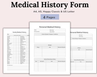 Personal Medical History Form, Medical Records, Family Health History, Medical Information, Healthcare Planner, Medical Intake Form, 4 Sizes