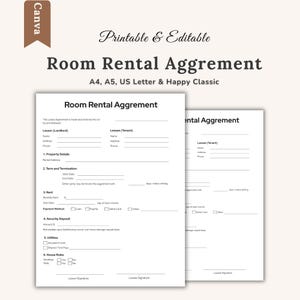 May include: Printable and editable room rental agreement template. The document includes fields for lessor and lessee information, property details, rent, security deposit, utilities, and house rules. The text "Room Rental Aggrement" is displayed in large font.