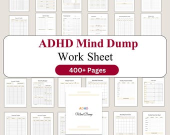 Puede incluir: Un conjunto de hojas de trabajo imprimibles con el texto "ADHD Mind Dump Work Sheet" y "400+ Pages". Las hojas de trabajo están organizadas con varios rastreadores y planificadores, incluidos rastreadores de gastos y planificadores de comidas. Las páginas son blancas con un borde beige claro.