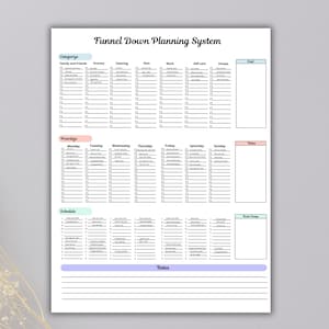May include: A white planner titled "Funnel Down Planning System" with sections for categories, priority, and schedule. The planner includes checkboxes for tasks and space for notes. The design is simple and organized, ideal for productivity.