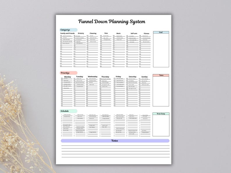 May include: A white planner titled "Funnel Down Planning System" with sections for categories, priority, and schedule. The planner includes checkboxes for tasks and space for notes. The design is simple and organized, ideal for productivity.