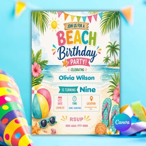 May include: A beach birthday party invitation featuring a sandy shore, palm trees, and colorful bunting. Text includes 'JOIN US FOR A BEACH BIRTHDAY PARTY!', 'Olivia Wilson', 'IS TURNING Nine', 'DATE JUNE 21', 'TIME 2:00 - 5:00 PM', and 'RSUP 555-666-777-888'.