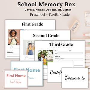 Könnte beinhalten: Ein Schul-Erinnerungsbox-Set mit Seiten im US-Letter-Format für die Klassenstufen Vorschule bis zwölfte Klasse. Enthält bedruckte Blätter mit Überschriften wie First Grade, Second Grade, Third Grade, About Me, Certificates und Documents mit anpassbaren Namensschildern.