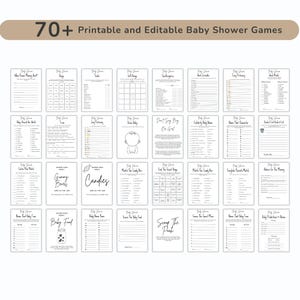 K&ouml;nnte beinhalten: Eine Sammlung druckbarer Babyparty-Spiele. Das Bild zeigt eine Vielzahl von Spielbl&auml;ttern mit Titeln wie "Wie viele erraten", "Baby-Bingo" und "Sag nicht Baby". Der Text "70+ Druckbare und bearbeitbare Babyparty-Spiele" steht oben.