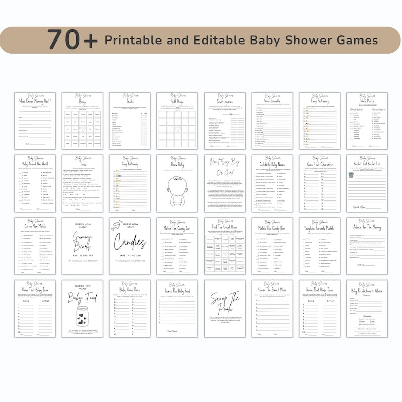 K&ouml;nnte beinhalten: Eine Sammlung druckbarer Babyparty-Spiele. Das Bild zeigt eine Vielzahl von Spielbl&auml;ttern mit Titeln wie "Wie viele erraten", "Baby-Bingo" und "Sag nicht Baby". Der Text "70+ Druckbare und bearbeitbare Babyparty-Spiele" steht oben.