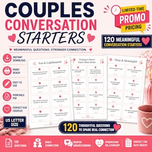 Puede incluir: Un conjunto digital imprimible de 120 iniciadores de conversación para parejas, con tres páginas blancas con texto rosa e iconos de corazones. Las páginas se titulan Fun & Lighthearted, Getting to Know Each Other Better y Deep & Meaningful.