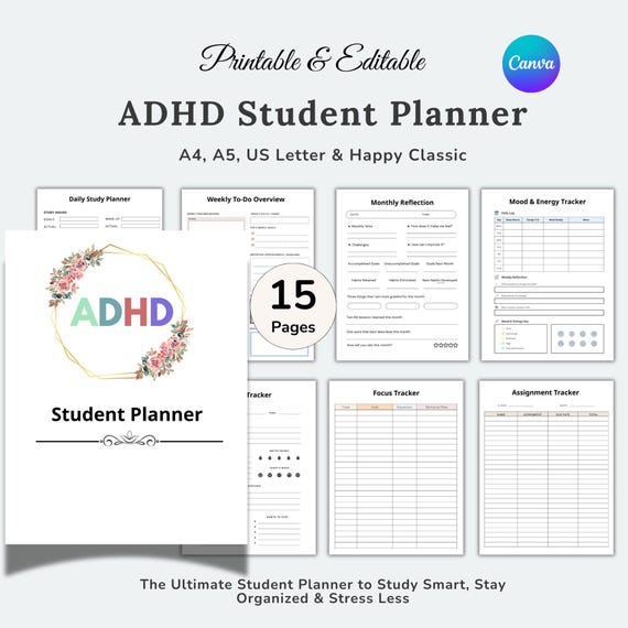 Printable ADHD Student Planner, ADHD School Planner, Study Organizer, Homework Tracker, ADHD Brain Dump, Focus Tracker, Adhd Weekly Planner