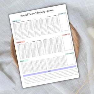 May include: A white planner sheet with the text "Funnel Down Planning System". The sheet is divided into sections for categories, priorities, and schedules, with space for notes. The planner is on a wooden tray.