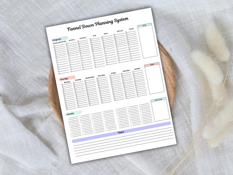 May include: A white planner sheet with the text "Funnel Down Planning System". The sheet is divided into sections for categories, priorities, and schedules, with space for notes. The planner is on a wooden tray.