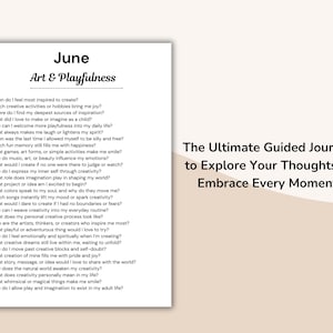 May include: A white journal page with the title "June Art & Playfulness" and a list of creative prompts. The text "The Ultimate Guided Journal to Explore Your Thoughts & Embrace Every Moment" is on the right side.