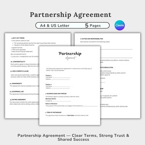 May include: A partnership agreement template with the title "Partnership Agreement" in a script font. The document is on white paper with sections for buy-out terms, duties, and responsibilities. The document is 5 pages long and is available in A4 & US Letter sizes.