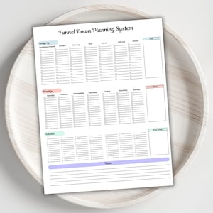May include: A white planner sheet with the title "Funnel Down Planning System" in black font. The planner includes sections for categories, priorities, and schedules, with checkboxes and lines for notes. The planner is on a light wooden tray.