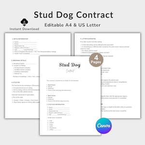 Stud Dog Service Agreement, Dog Breeding Contract Template, Canine Mating Service Form, Editable Canva PDF, Puppy Deposit Receipt Paper