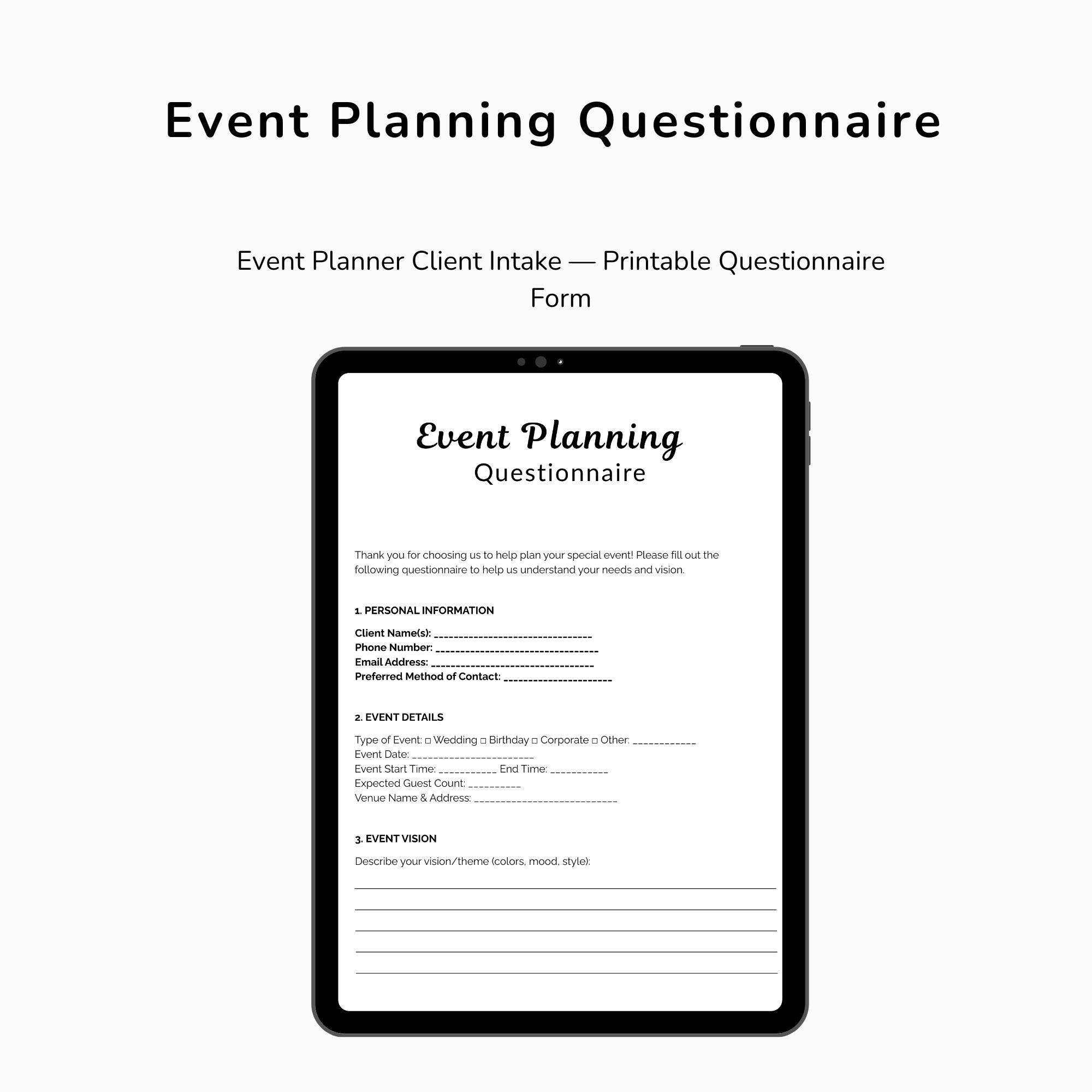 Event Planning Questionnaire Template, Event Planner Forms, Event ...