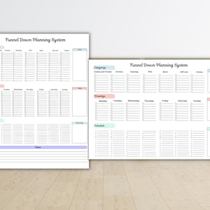 May include: Two white sheets of paper with the text "Funnel Down Planning System" are displayed. The sheets are divided into sections for categories, priorities, schedule, and notes. The sheets are on a light brown surface.