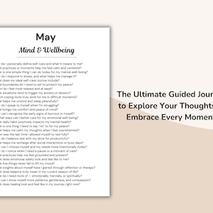 May include: A white journal page with the title "May Mind & Wellbeing" and a list of 30 self-care questions. The text "The Ultimate Guided Journal to Explore Your Thoughts & Embrace Every Moment" is also visible.