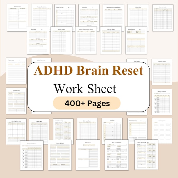 Paquete de Reinicio Cerebral para TDAH, Organización para TDAH, Hoja de Trabajo para Volcar la Memoria, Rastreador de Tareas para TDAH, Planificador de Concentración para TDAH, Bloqueo de Tiempo, Plan de Salud Mental