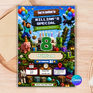 May include: A rectangular birthday party invitation card featuring a pixelated video game theme. The design includes characters, a birthday cake with the number 8, balloons, and text reading You're Invited to WILLIAM'S SPECIAL BIRTHDAY PARTY.