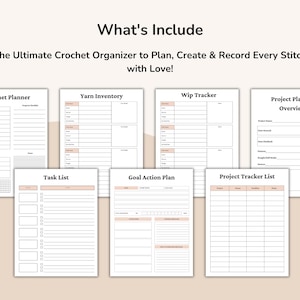May include: A collection of printable crochet organizer pages, including a crochet planner, yarn inventory, WIP tracker, project planner overview, task list, goal action plan, and project tracker list. The text "What's Include" and "The Ultimate Crochet Organizer to Plan, Create & Record Every Stitch with Love!" are visible.