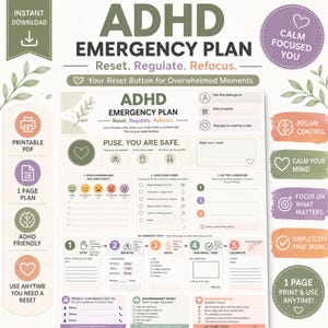 Op de afbeelding: Een printbaar ADHD-noodplan-document met een gestructureerde lay-out met secties voor lichaamsresets, prioriteiten en noodstappen. Het ontwerp maakt gebruik van zachte pastelkleuren, botanische illustraties en duidelijke tekstprompts om overweldigende momenten te beheren.