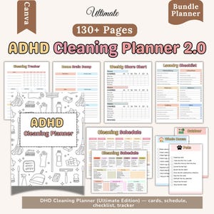 May include: ADHD Cleaning Planner 2.0 with 130+ pages. The planner includes a cleaning tracker, chore charts, laundry checklist, and cleaning schedule. The cover features the text "ADHD Cleaning Planner" in a bold font, with cleaning-related illustrations.
