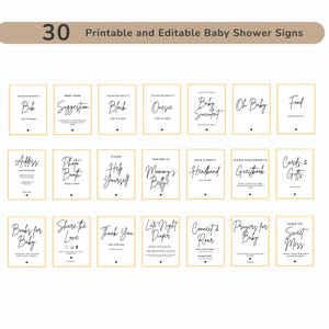 K&ouml;nnte beinhalten: Eine Sammlung von 30 druckbaren und bearbeitbaren Babyparty-Schildern. Jedes Schild hat schwarzen Text auf wei&szlig;em Hintergrund mit einem goldenen Rand. Die Schilder enthalten S&auml;tze wie "Oh Baby", "Karten & Geschenke" und "Fotokabine".