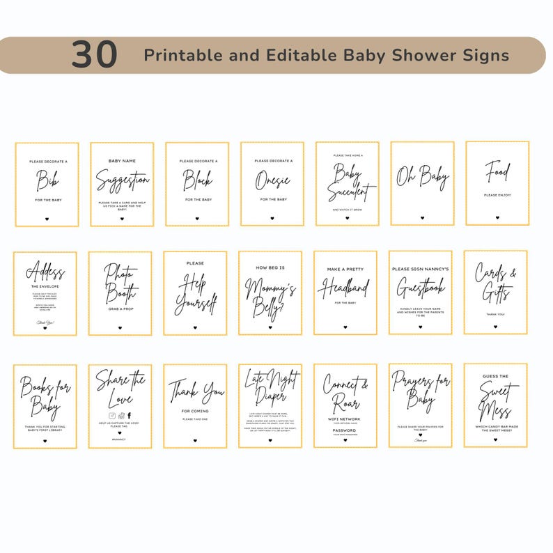 K&ouml;nnte beinhalten: Eine Sammlung von 30 druckbaren und bearbeitbaren Babyparty-Schildern. Jedes Schild hat schwarzen Text auf wei&szlig;em Hintergrund mit einem goldenen Rand. Die Schilder enthalten S&auml;tze wie "Oh Baby", "Karten & Geschenke" und "Fotokabine".