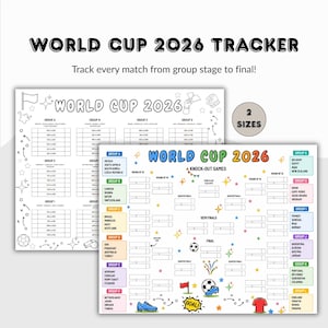 May include: A World Cup 2026 tracker featuring two printable sheets. One sheet is a black and white group stage chart, and the other is a colourful knock-out games bracket with football-themed illustrations like balls, boots, and flags.