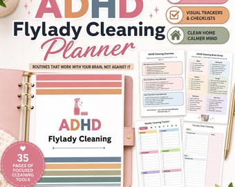 May include: A 35-page ADHD Flylady Cleaning Planner in a ring binder, featuring colorful horizontal stripes, a spray bottle icon, and text including ADHD Friendly Systems, Visual Trackers & Checklists, and Clean Home Calmer Mind.