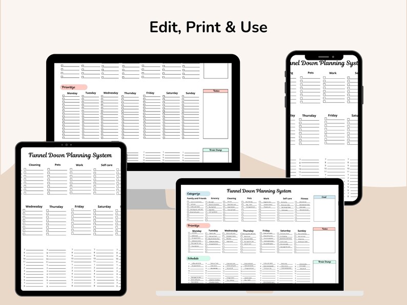 May include: A digital planning system displayed on a desktop computer, laptop, tablet, and smartphone. The screens show a weekly planner with sections for tasks, priorities, and notes. The text "Edit, Print & Use" is at the top.