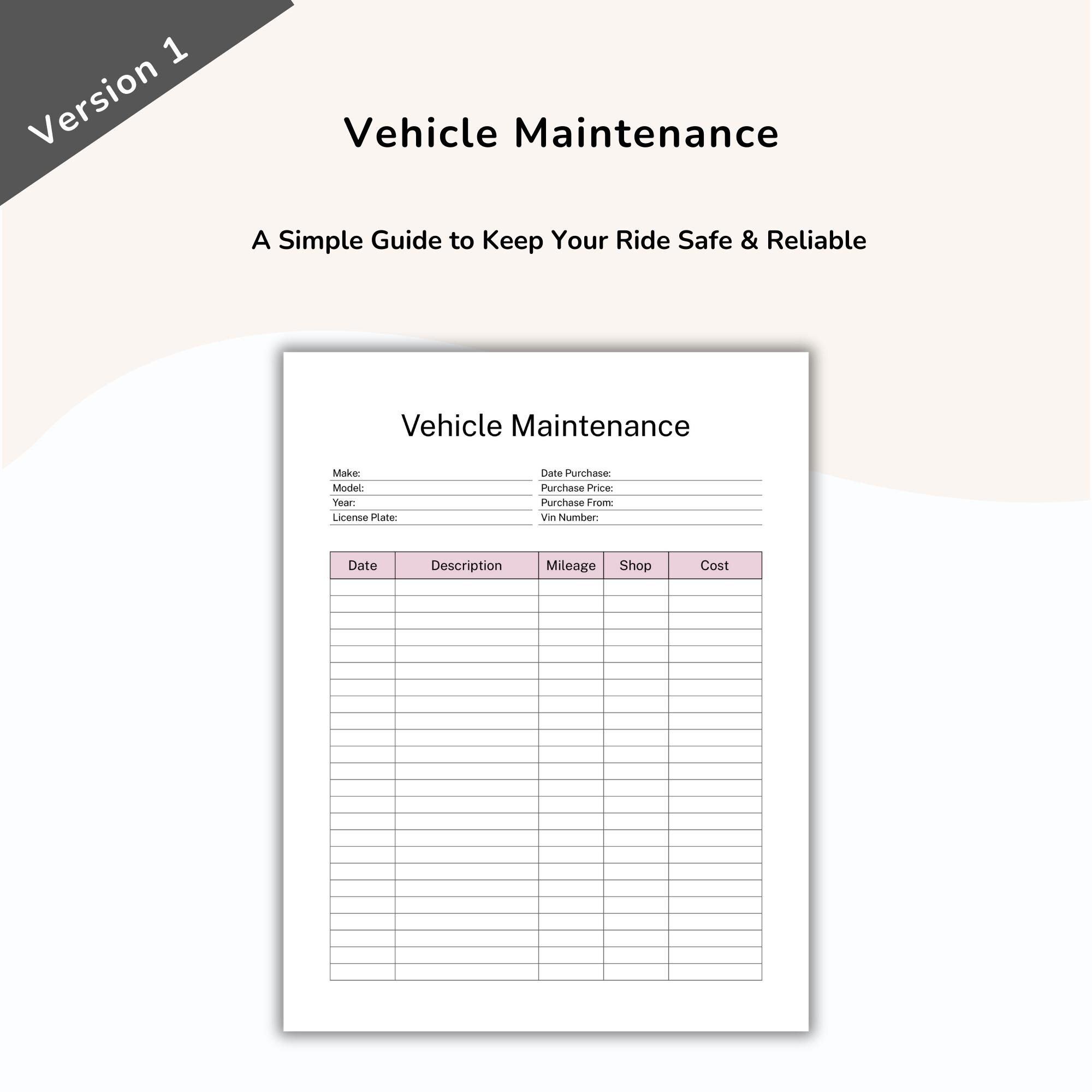 Vehicle Maintenance Log Book Printable, Car Maintenance Tracker ...