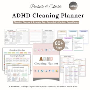 ADHD Cleaning Planner, Cleaning Schedule Template, Kitchen Cleaning, Family Chores Checklist, ADHD Adult Planner, Deep Clean, Printable