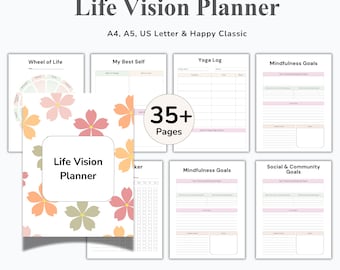 Livsvisionsplanerare, drömlivsplanerare, livsmålspärm, visionstavlekit i PDF-format, spårare för mental hälsa, checklista för självvård, utskrivbar