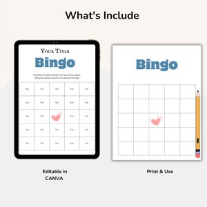 May include: A digital bingo game template displayed on a tablet and a printed sheet. The word "Bingo" is in blue, with a heart graphic. The tablet screen shows a grid with text boxes. The printed sheet has a grid with a pencil.