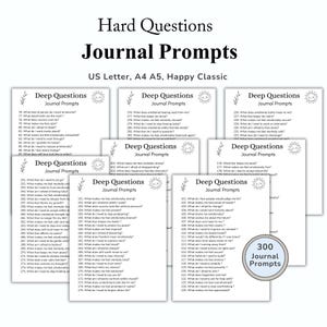 May include: A collection of journal prompt cards with the title "Hard Questions Journal Prompts." The cards are white with black text, including "Deep Questions Journal Prompts." The set includes 300 prompts, ideal for self-reflection and personal growth.