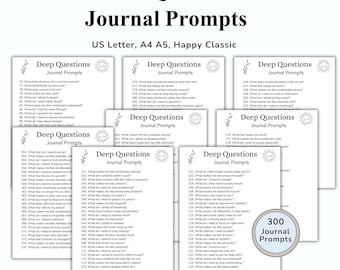 May include: A collection of journal prompt cards with the title "Hard Questions Journal Prompts." The cards are white with black text, including "Deep Questions Journal Prompts." The set includes 300 prompts, ideal for self-reflection and personal growth.