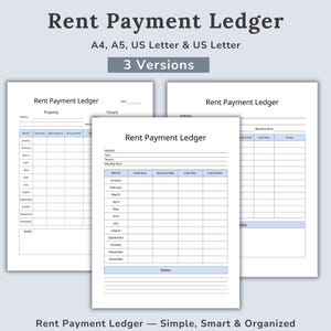 May include: Three versions of a rent payment ledger are displayed, with the title "Rent Payment Ledger" at the top. The ledgers are white with blue accents and include fields for property, tenant, and monthly payment details. Text on the image reads "A4, A5, US Letter & US Letter" and "3 Versions."