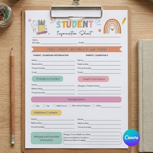 Student Information Sheet, Back To School Student Info Page, Student Planner Printable PDF, Student Emergency Contact Sheet (PDF Download)