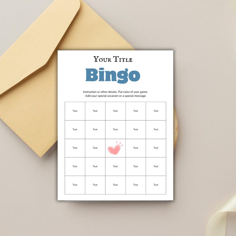 May include: A white Bingo card with blue text that reads "Bingo" and "Your Title". The card has a grid of boxes with the word "Text" in each. A pink heart is in the center. An envelope is in the background.