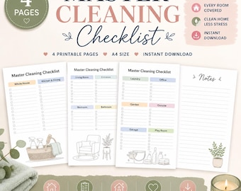 Può includere: Una lista di controllo per le pulizie di quattro pagine in formato A4 con sezioni organizzate per ogni stanza, inclusi cucina, soggiorno e lavanderia. Il documento stampabile include caselle di controllo, sezioni per note e illustrazioni.