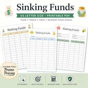 以下が含まれることがあります： Sinking Fundsと題された3枚の印刷可能なPDFページ。財務データを追跡するための表が含まれています。ページには、お金の袋、コインの瓶、貯金箱のイラストがあり、Plan, Track, Save, Achieve Your Goalsというテキストが記載されています。