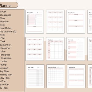 May include: A collection of printable planner pages with a beige and pink color scheme. The pages include sections for daily, weekly, and monthly planning, as well as task lists and important dates. The word "Planner" is at the top.