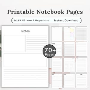 Può includere: Pagine per taccuino stampabili che includono oltre 70 pagine nei formati A4, A5, US Letter e Happy Classic. Il documento digitale presenta vari layout con sezioni a righe, motivi a griglia e riquadri vuoti per appunti, in bianco e nero.