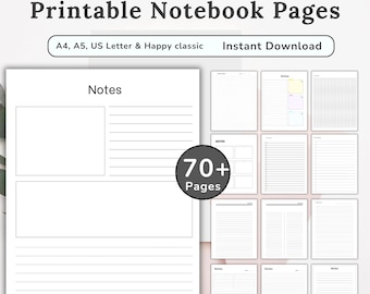 70+ Notizbuch- und Journalseiten druckbar, schwarzes und weißes liniertes Papier, benutzerdefinierte Notizblockseiten, kleine Binderseiten PDF, digitaler Download, Journal